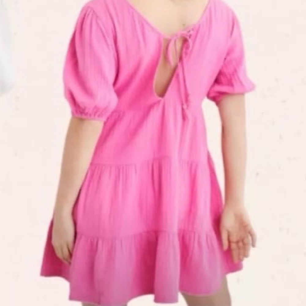 Aerie Pool To Party Tiered Puff Sleeve Mini Dress Women’s XS Pink Beachy Summer - Picture 3 of 12